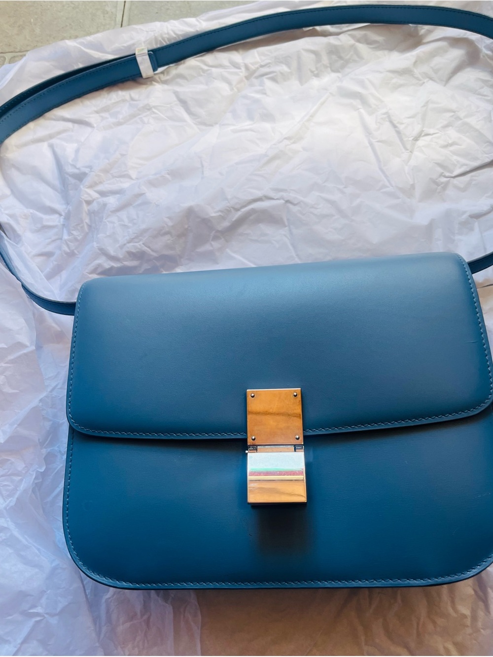 Celine Phoebe Medium Box Blue Leather Crossbody Bag with Silver Hardware